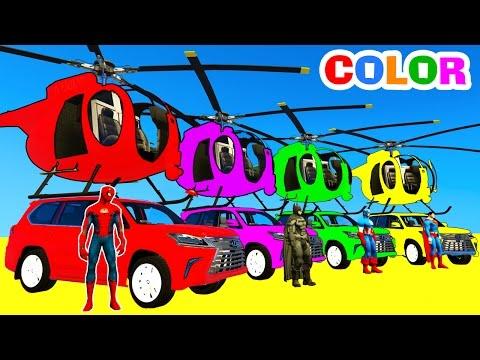 COLOR CARS Helicopter on BUS & Spiderman Cartoon for kids with Superheroes for babies!