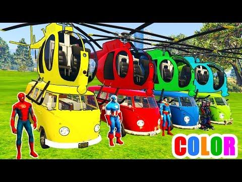 COLOR Helicopter on BUS and Spiderman Cartoon with Cars Superheroes for kids and babies!