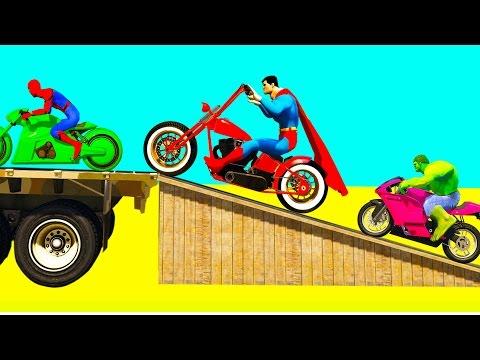 Color Motorcycles and Superheroes Bike Ride - Spiderman Cartoon for Kids and Babies